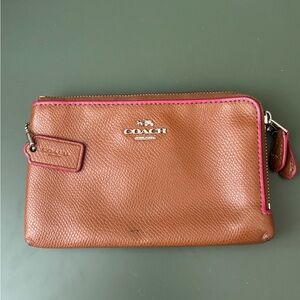 Coach Tan Leather Wallet with Pink Accents $ Double Compartments